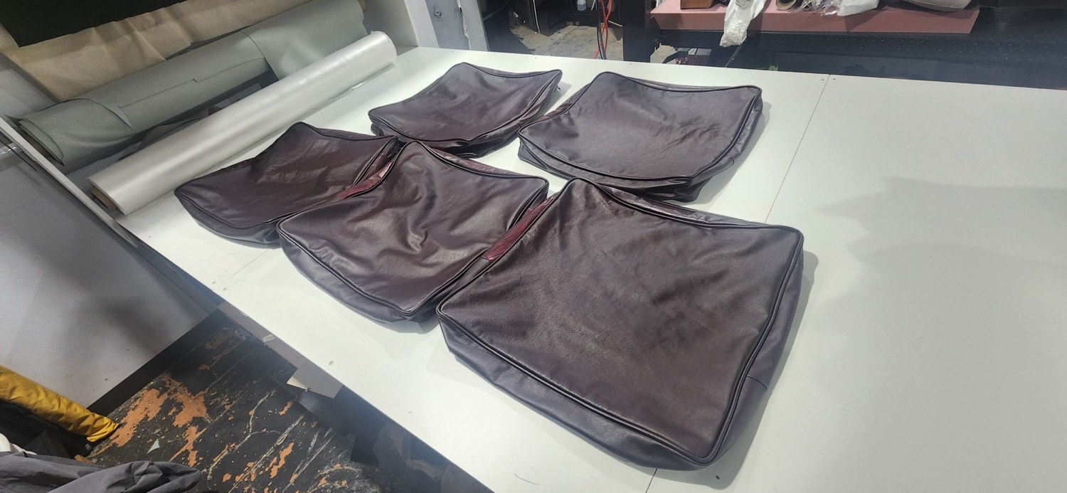 New Moran Chesterfield seat cushion covers remade in Tasman rub-off leather, full and smooth